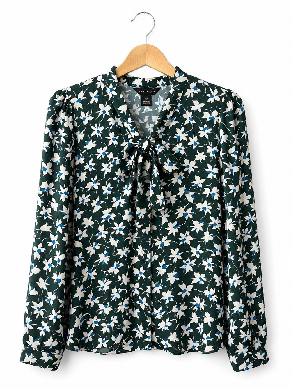 Ann Taylor Floral Tie Neck Blouse Green Blue Career Office Petite SP Workwear